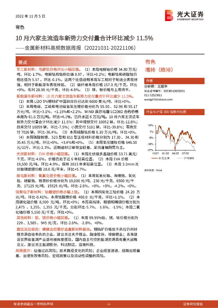 光大证券：金属新材料高频数据周报：10月六家主流造车新势力交付量合计环比减少11.5%