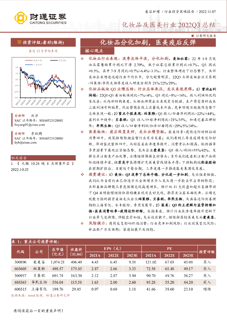 财通证券：化妆品及医美行业2022Q3总结：化妆品分化加剧，医美疫后反弹