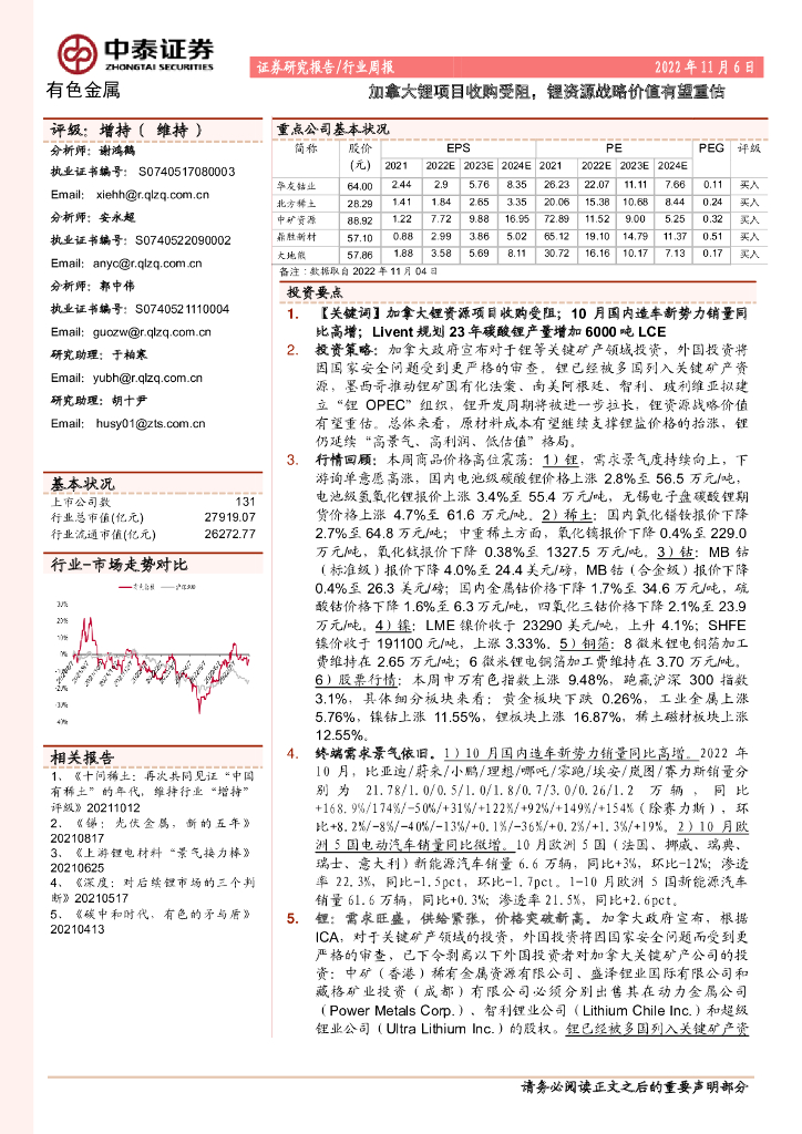 中泰证券：有色金属行业周报：加拿大锂项目收购受阻，锂资源战略价值有望重估