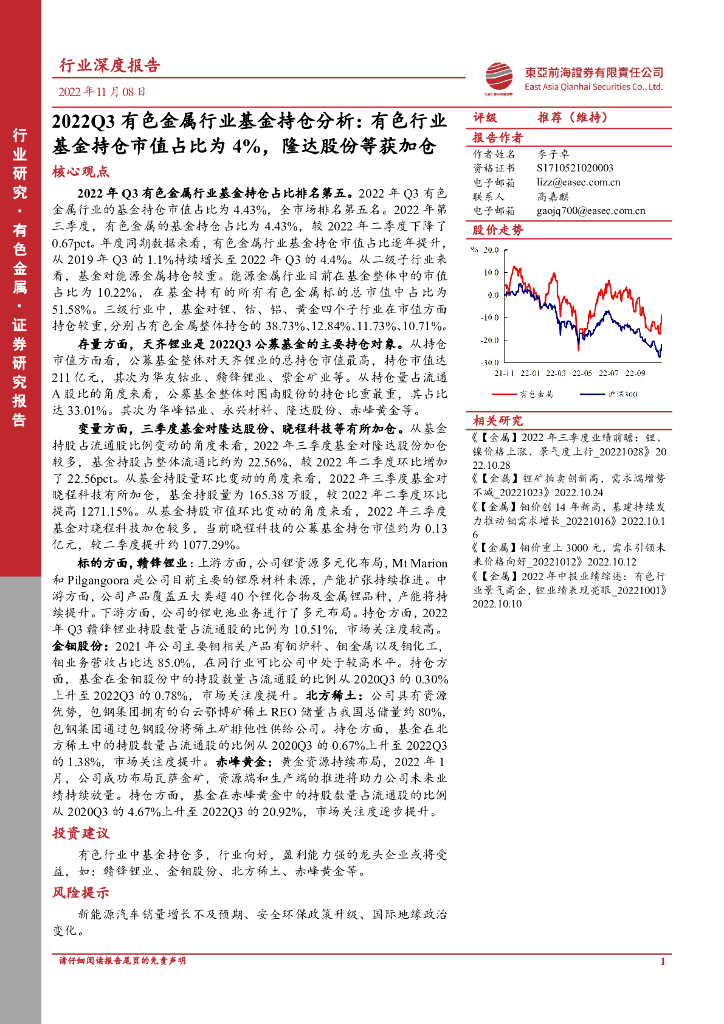东亚前海证券：2022Q3有色金属行业基金持仓分析：有色行业基金持仓市值占比为4%，隆达股份等获加仓 海报