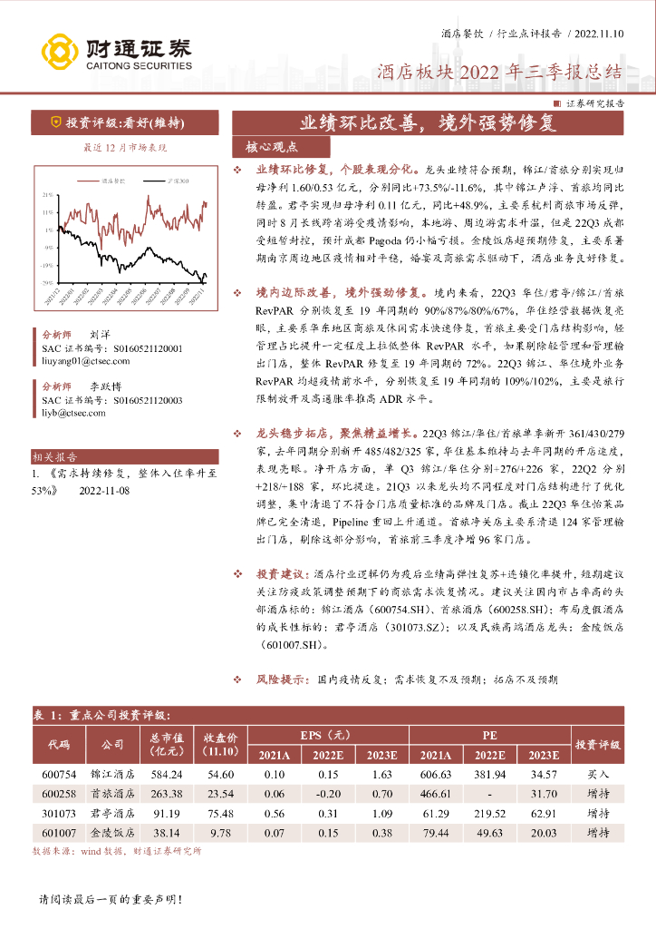 财通证券：酒店板块2022年三季报总结：业绩环比改善，境外强势修复