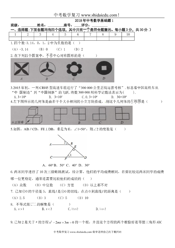 中考数学考前基础强化练习选择和填空