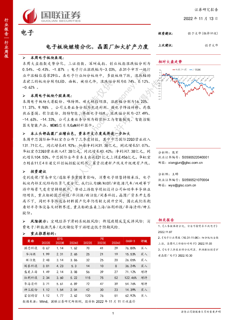 国联证券：电子：电子板块继续分化，晶圆厂加大扩产力度 海报