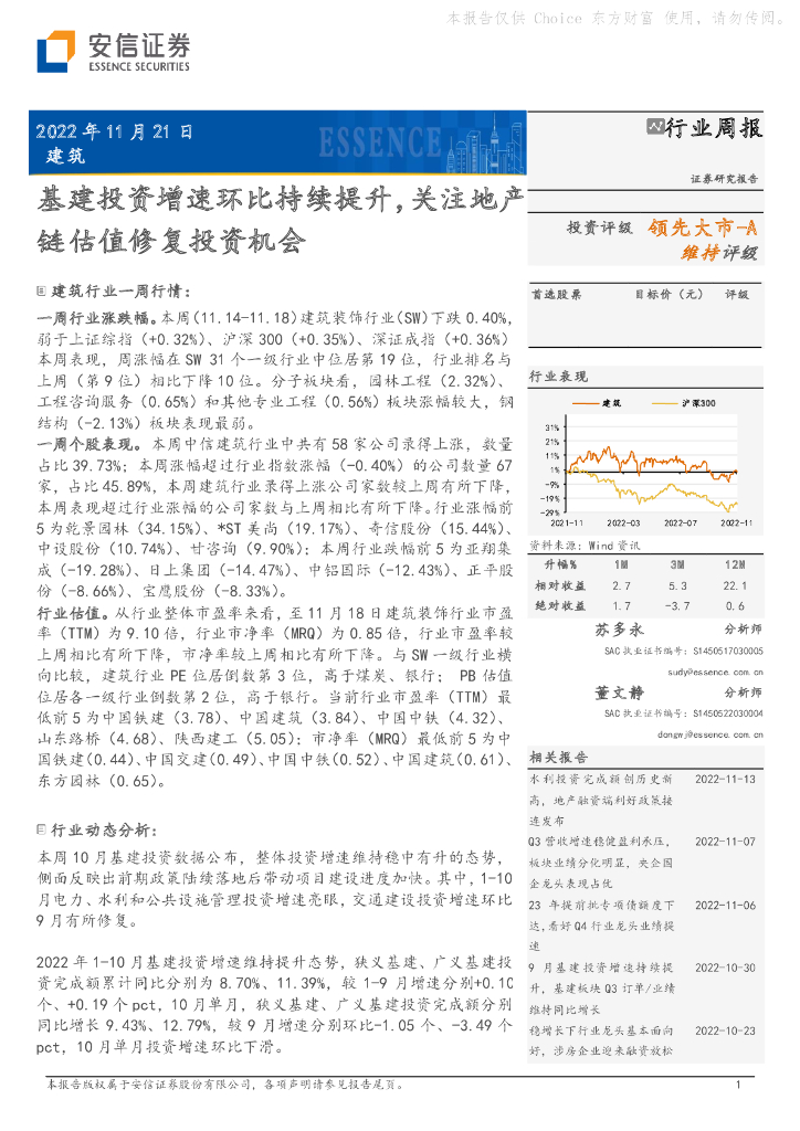 安信证券：建筑行业周报：基建投资增速环比持续提升，关注地产链估值修复投资机会