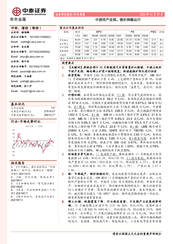 中泰证券：有色金属行业周报：中游排产走弱，锂价持稳运行