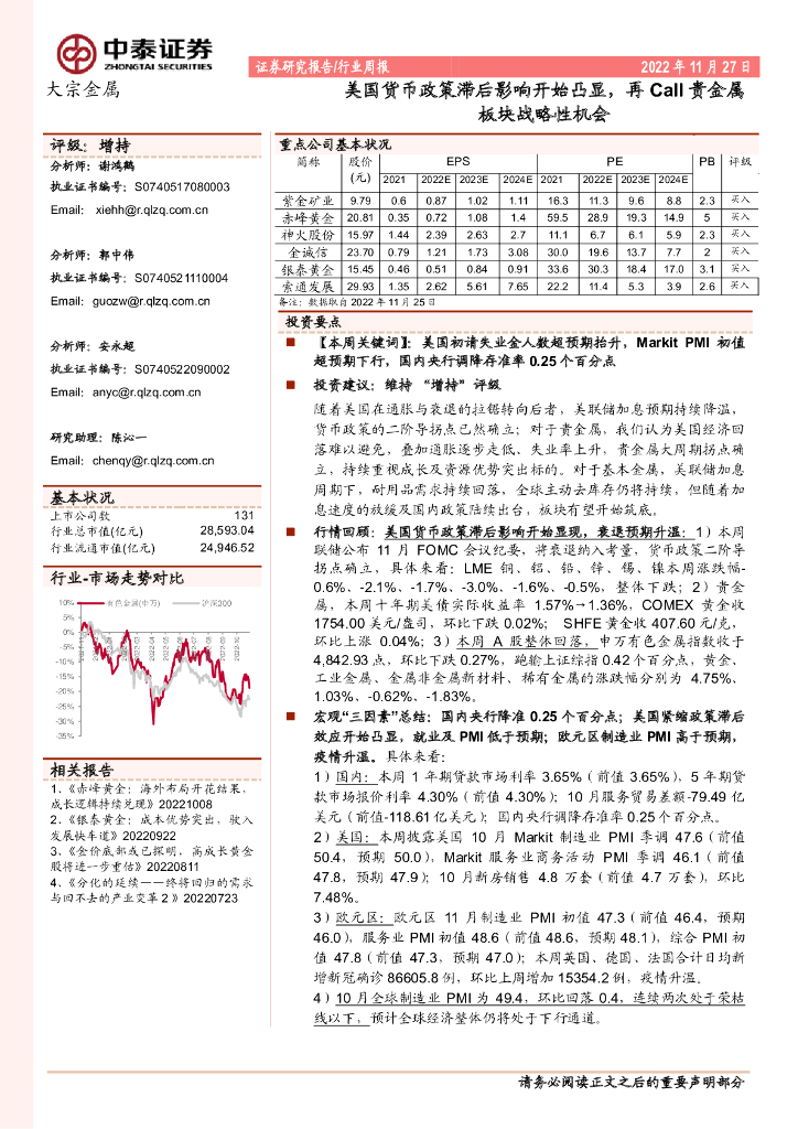 中泰证券：大宗金属行业周报：美国货币政策滞后影响开始凸显，再Call贵金属板块战略性机会