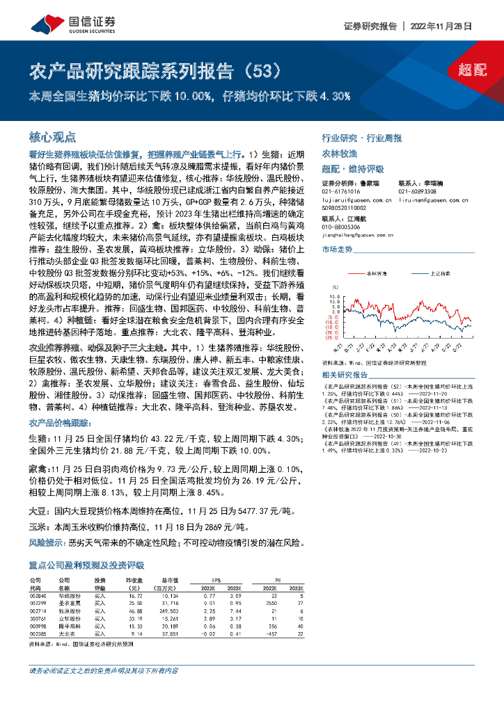 国信证券：农产品研究跟踪系列报告（53）：本周全国生猪均价环比下跌10.00%，仔猪均价环比下跌4.30%
