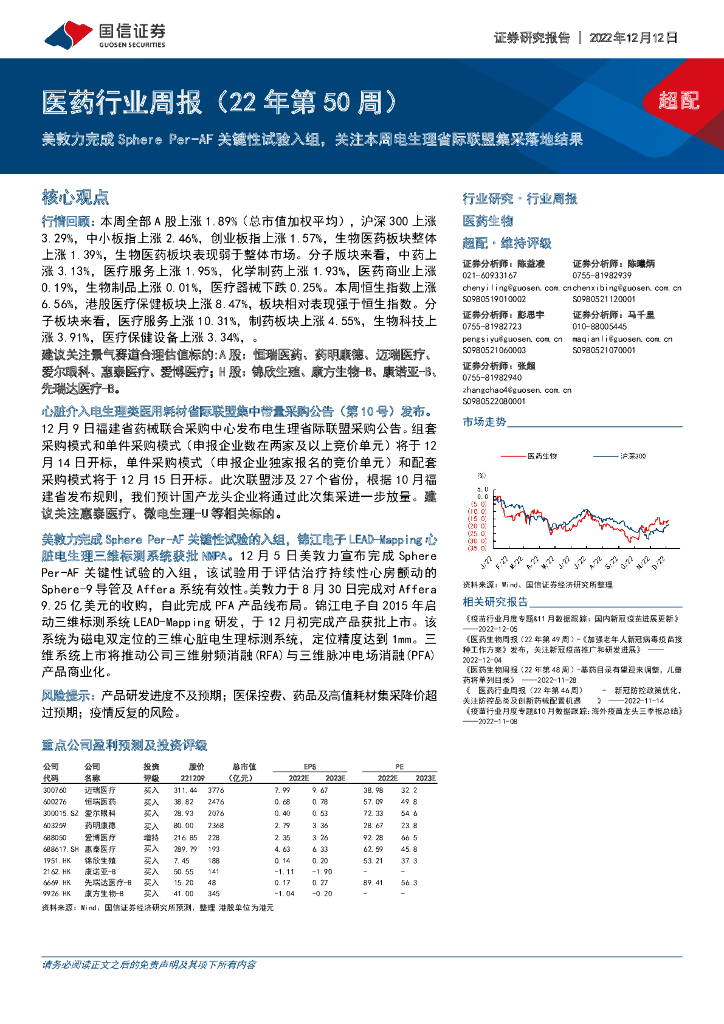 国信证券：医药行业周报（22年第50周）：美敦力完成Sphere Per-AF关键性试验入组，关注本周电生理省际联盟集采落地结果