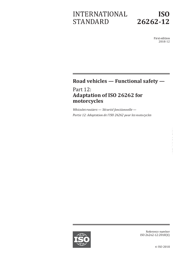 ISO 26262-12 2018 Part 12 Adaptation of ISO 26262 for motorcycles