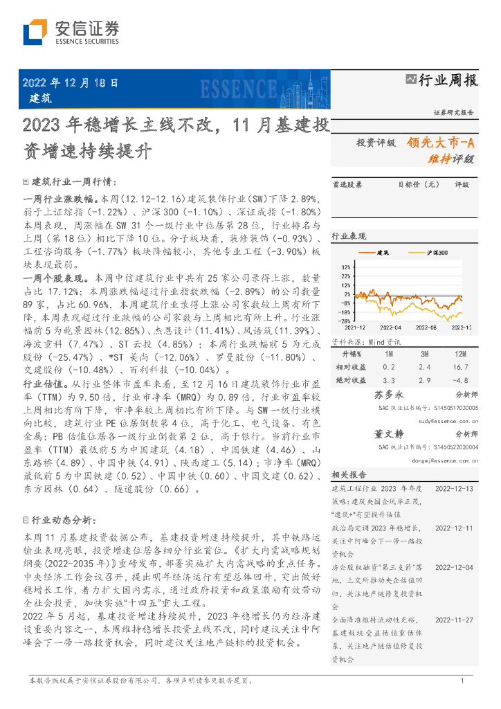 安信证券：建筑行业周报：2023年稳增长主线不改，11月基建投资增速持续提升