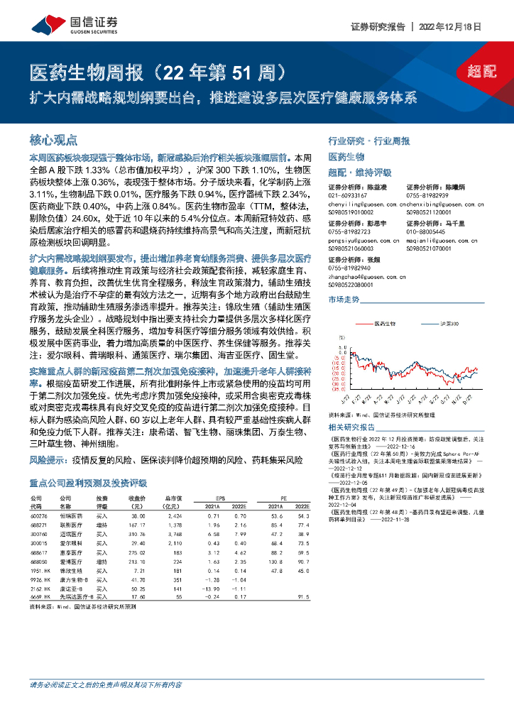 国信证券：医药生物周报（22年第51周）：扩大内需战略规划纲要出台，推进建设多层次医疗健康服务体系
