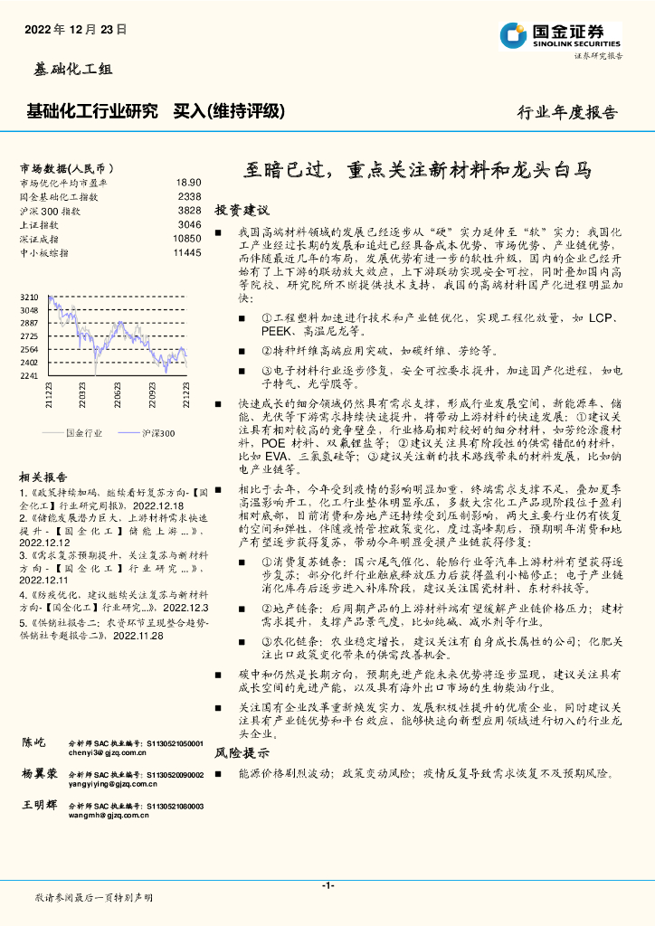 国金证券：基础化工行业年度报告：至暗已过，重点关注新材料和龙头白马 海报