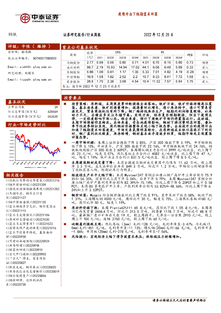 中泰证券：钢铁行业周报：疫情冲击下短期需求回落