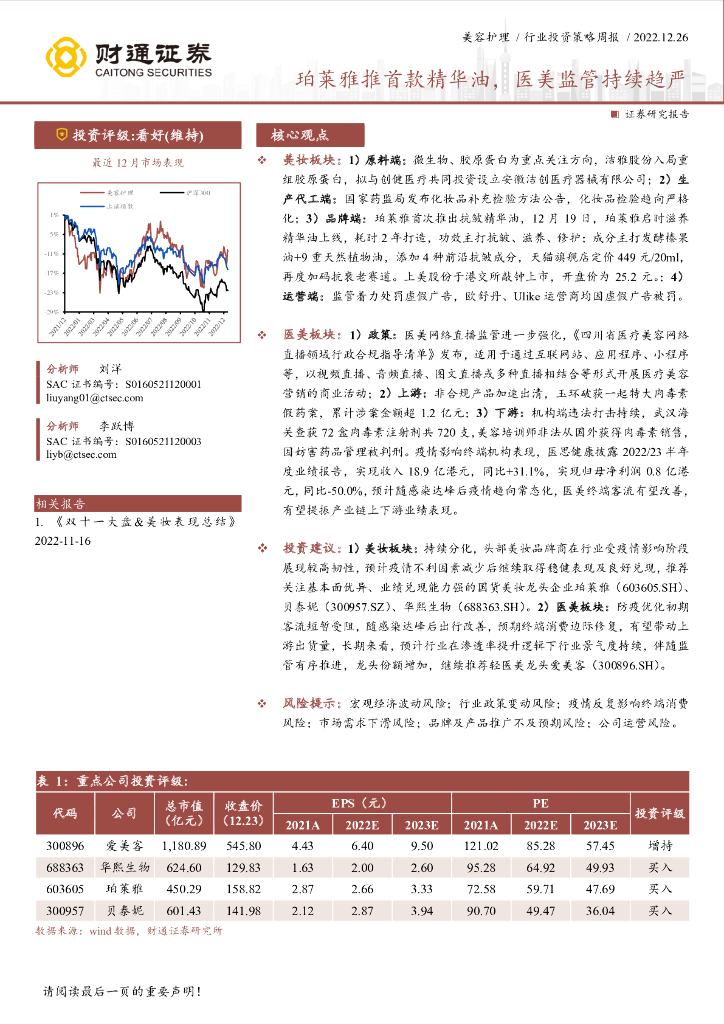 财通证券：珀莱雅推首款精华油，医美监管持续趋严