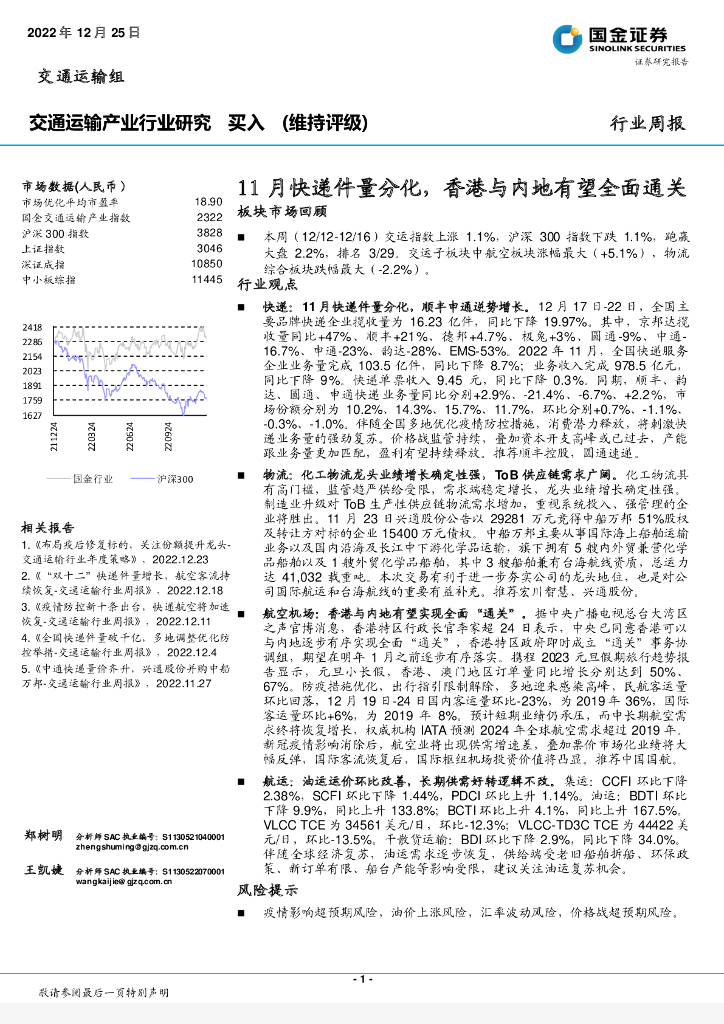 国金证券:交通运输产业行业研究:11月快递件量分化,香港与内地有望全面通关板块市场回顾