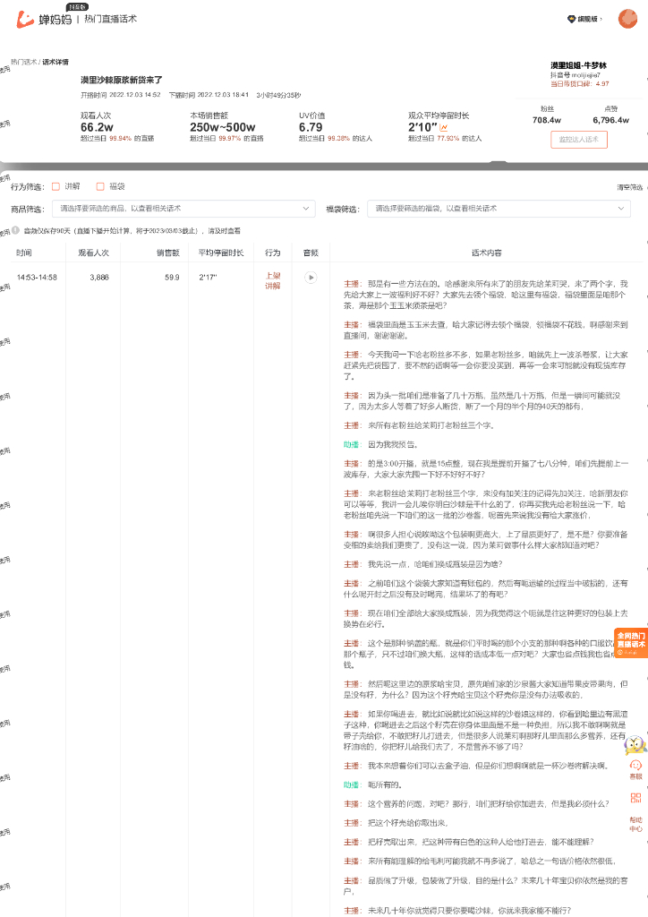 蝉妈妈：医药保健行业漠里姐姐-牛梦林抖音直播间话术