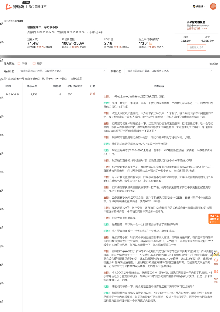 蝉妈妈：3C数码行业小米官方旗舰店抖音直播间话术