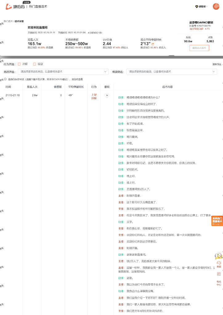 蝉妈妈：家居家纺行业达芬奇DAVINCI家纺抖音直播间话术