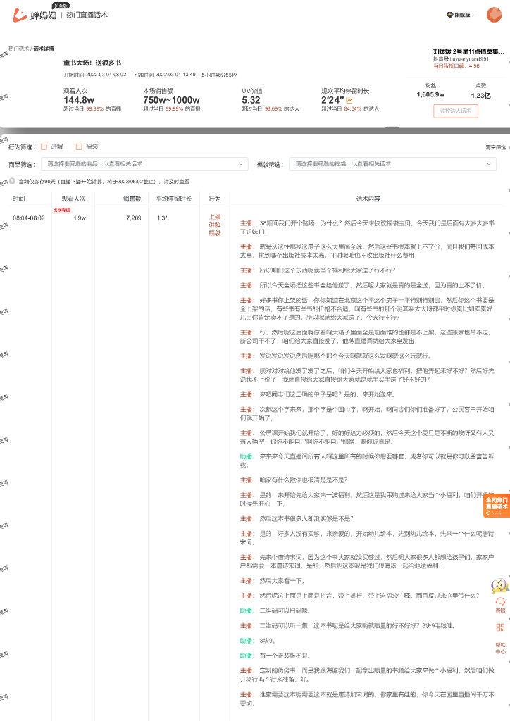 蝉妈妈：图书影音行业刘媛媛抖音直播间话术