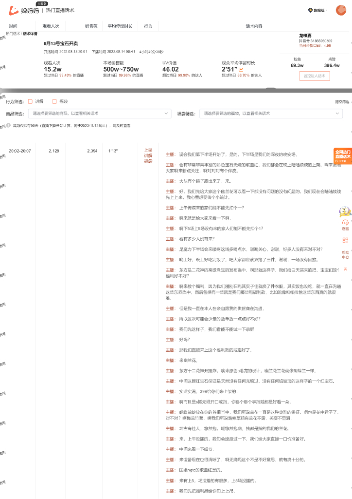 蝉妈妈：珠宝饰品行业龙梓嘉抖音直播间话术