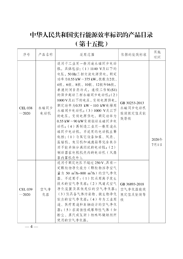 中华人民共和国实行能源效率标识的产品目录（第十五批）