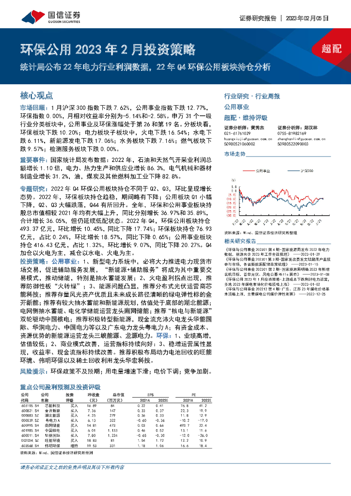 国信证券：环保公用2023年2月投资策略：统计局公布22年电力行业利润数据，22年Q4环保公用板块持仓分析