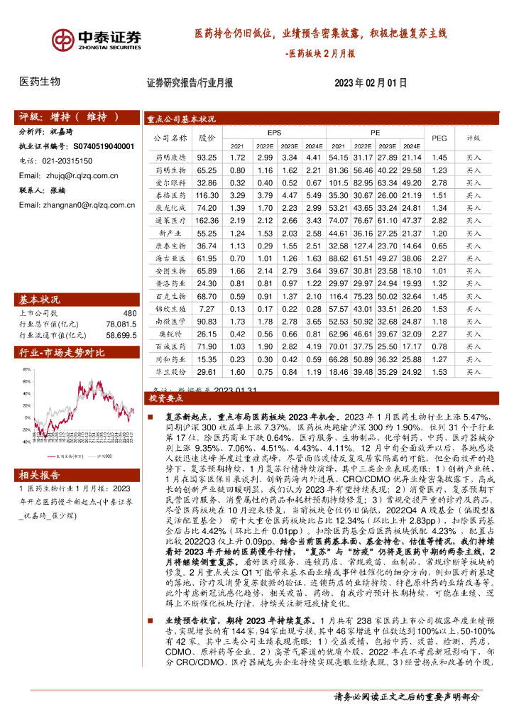 中泰证券：医药板块2月月报：医药持仓仍旧低位，业绩预告密集披露，积极把握复苏主线
