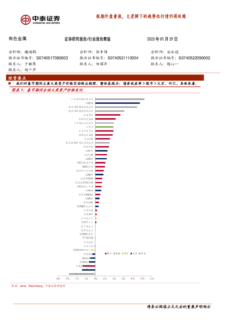 中泰证券：有色金属：假期外盘普涨，大逻辑下的趋势性行情仍将延续