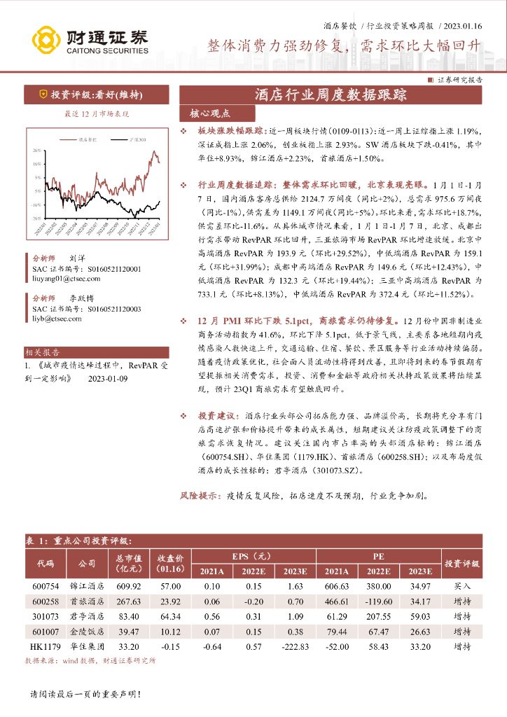 财通证券：酒店行业周度数据跟踪：整体消费力强劲修复，需求环比大幅回升