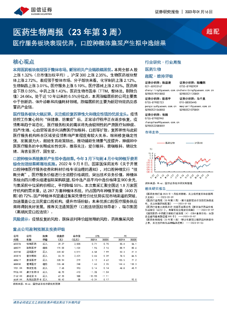 国信证券：医药生物周报（23年第3周）：医疗服务板块表现优异，口腔种植体集采产生拟中选结果