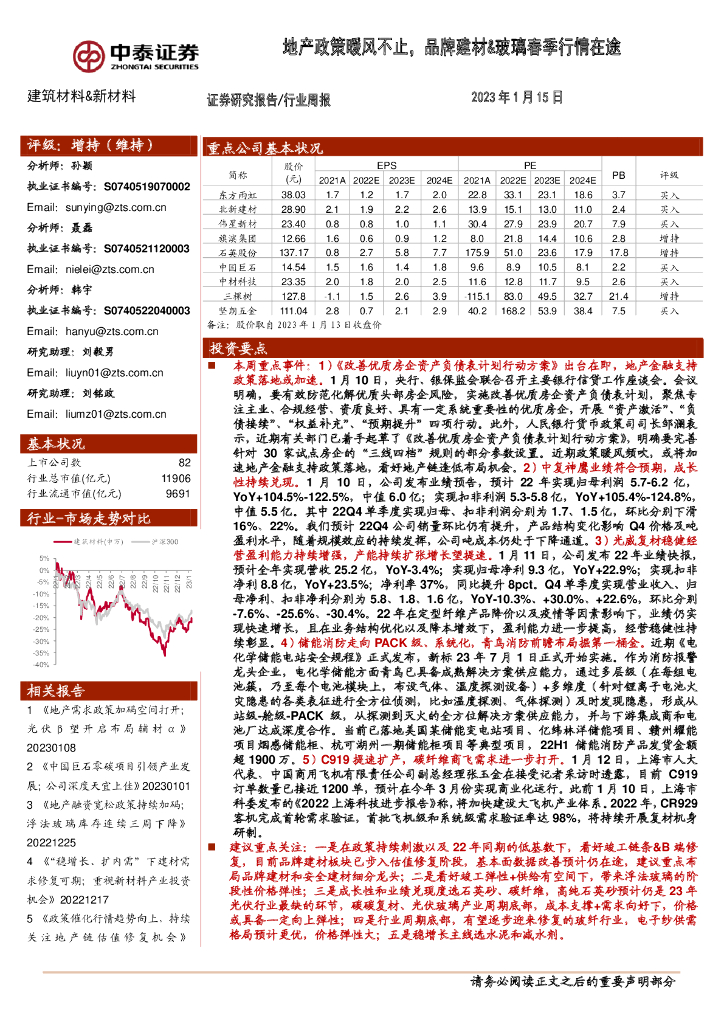 中泰证券：建筑材料&新材料行业周报：地产政策暖风不止，品牌建材&玻璃春季行情在途