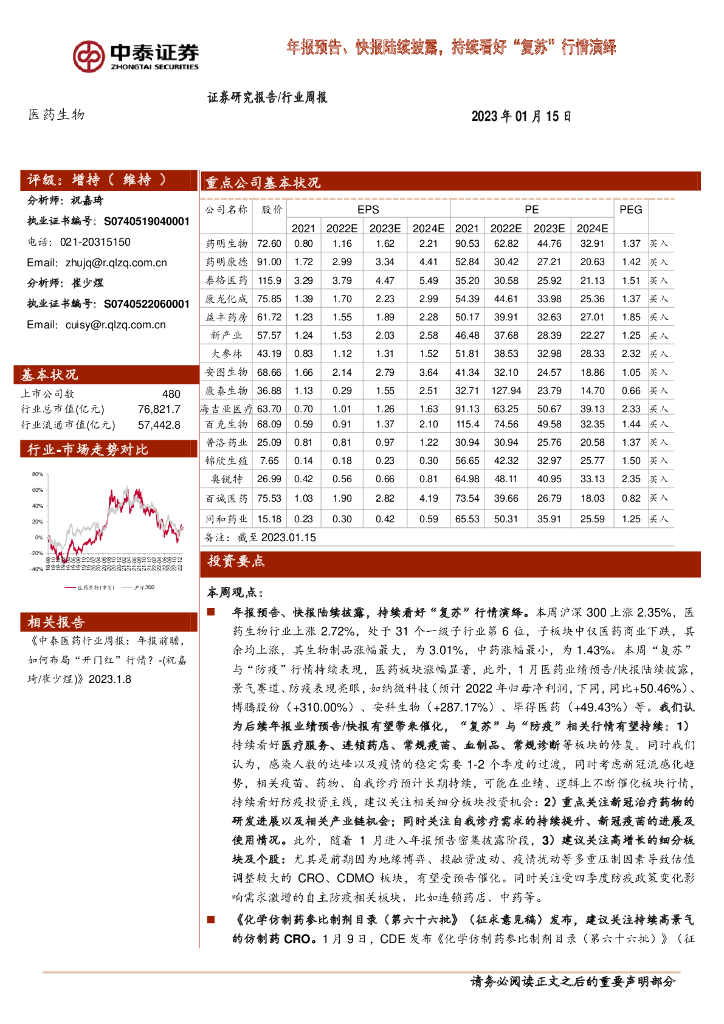 中泰证券：医药生物行业周报：年报预告、快报陆续披露，持续看好“复苏”行情演绎