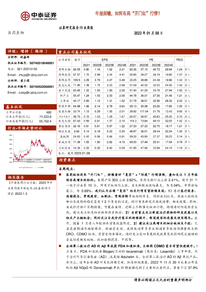 中泰证券：医药生物行业周报：年报前瞻，如何布局“开门红”行情？