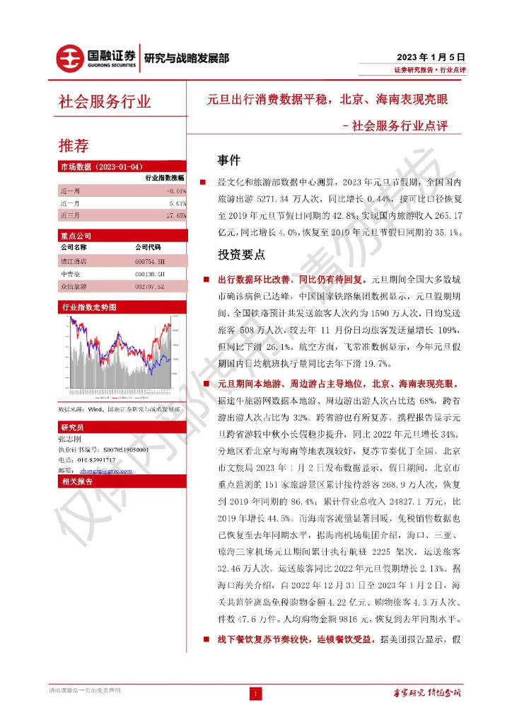 国融证券：社会服务行业点评：元旦出行消费数据平稳，北京、海南表现亮眼
