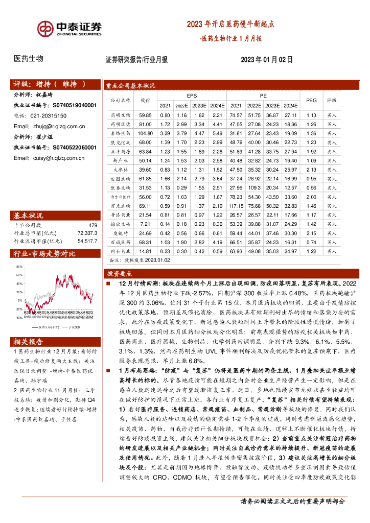 中泰证券：医药生物行业1月月报：2023年开启医药慢牛新起点