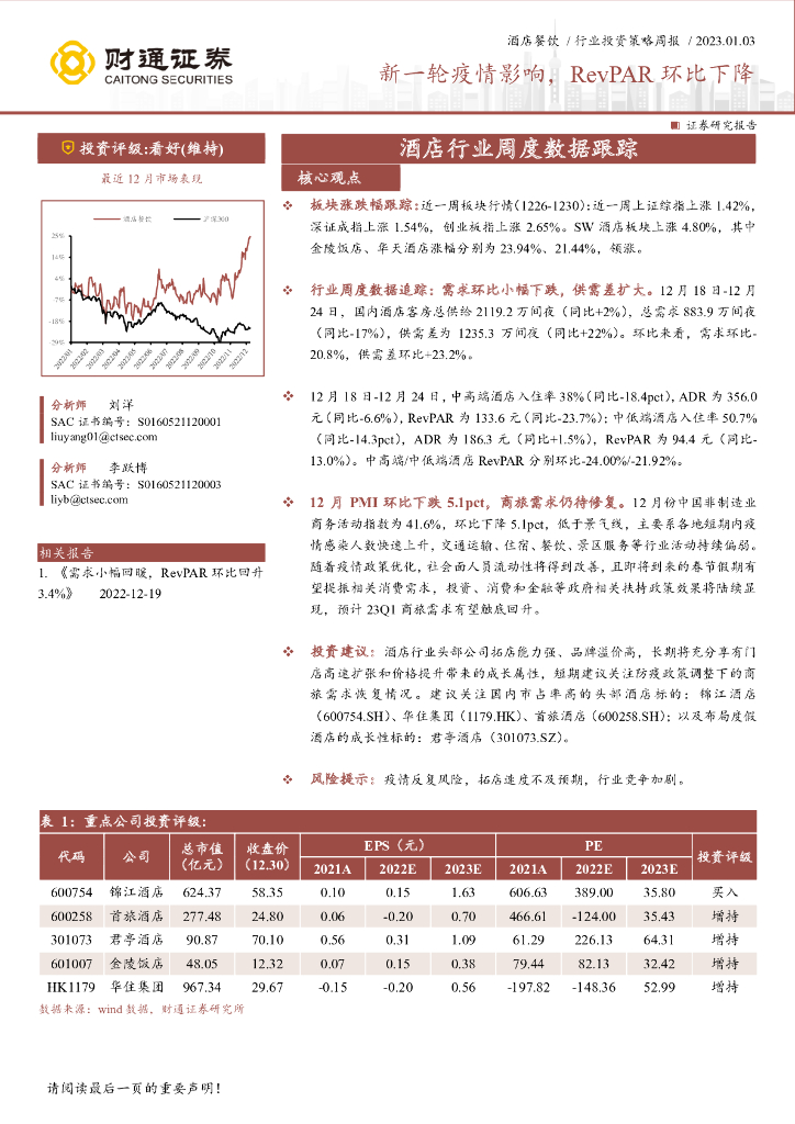 财通证券：酒店行业周度数据跟踪：新一轮疫情影响，RevPAR环比下降