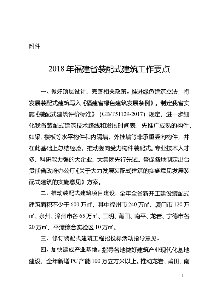 2018年福建省装配式建筑工作要点