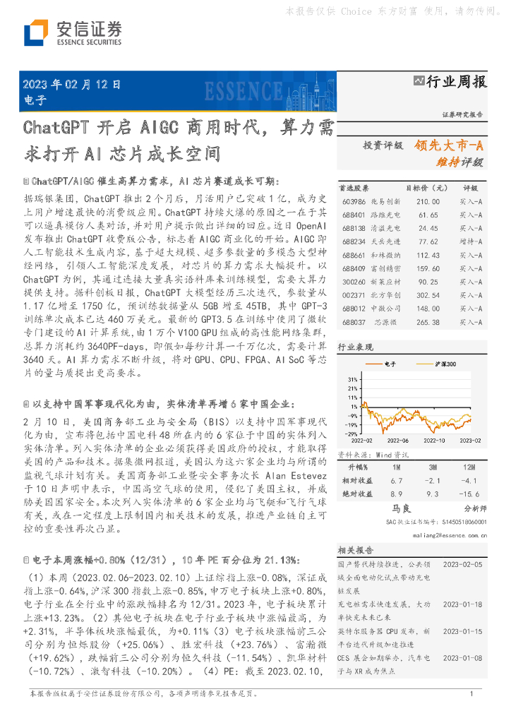 安信证券：电子行业周报：<em>ChatGPT</em>开启AIGC商用时代，算力需求打开AI芯片成长空间 海报