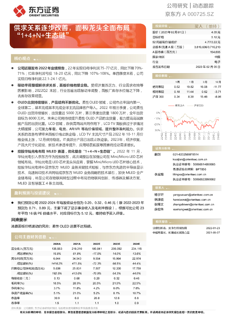 东方证券：京东方A（000725）-供求关系逐步改善，面板龙头全面布局“1+4+N+生态链”