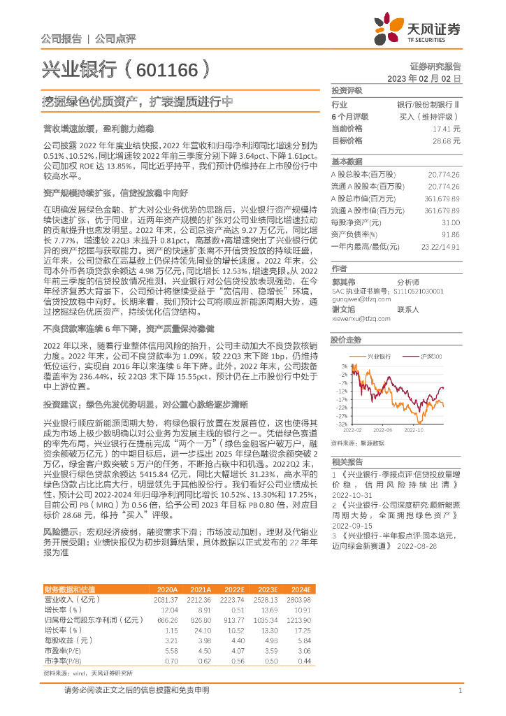 天风证券：兴业银行（601166）-挖掘绿色优质资产，扩表提质进行中 海报
