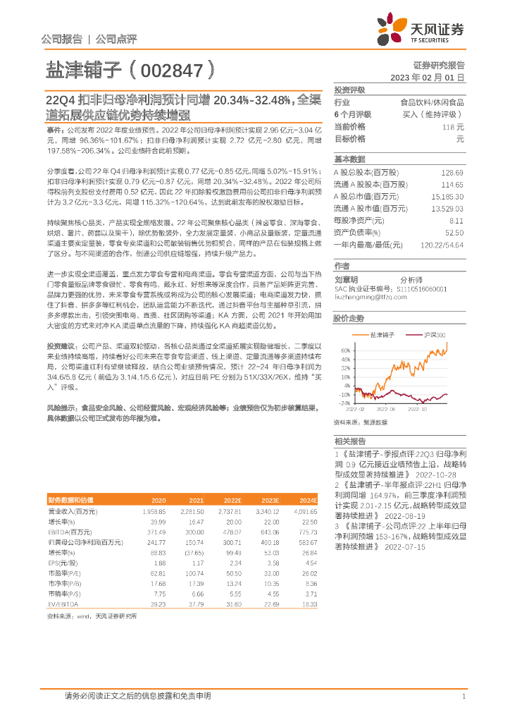 天风证券：盐津铺子（002847）-22Q4扣非归母净利润预计同增20.34%-32.48%，全渠道拓展<em>供应链</em>优势持续增强 海报