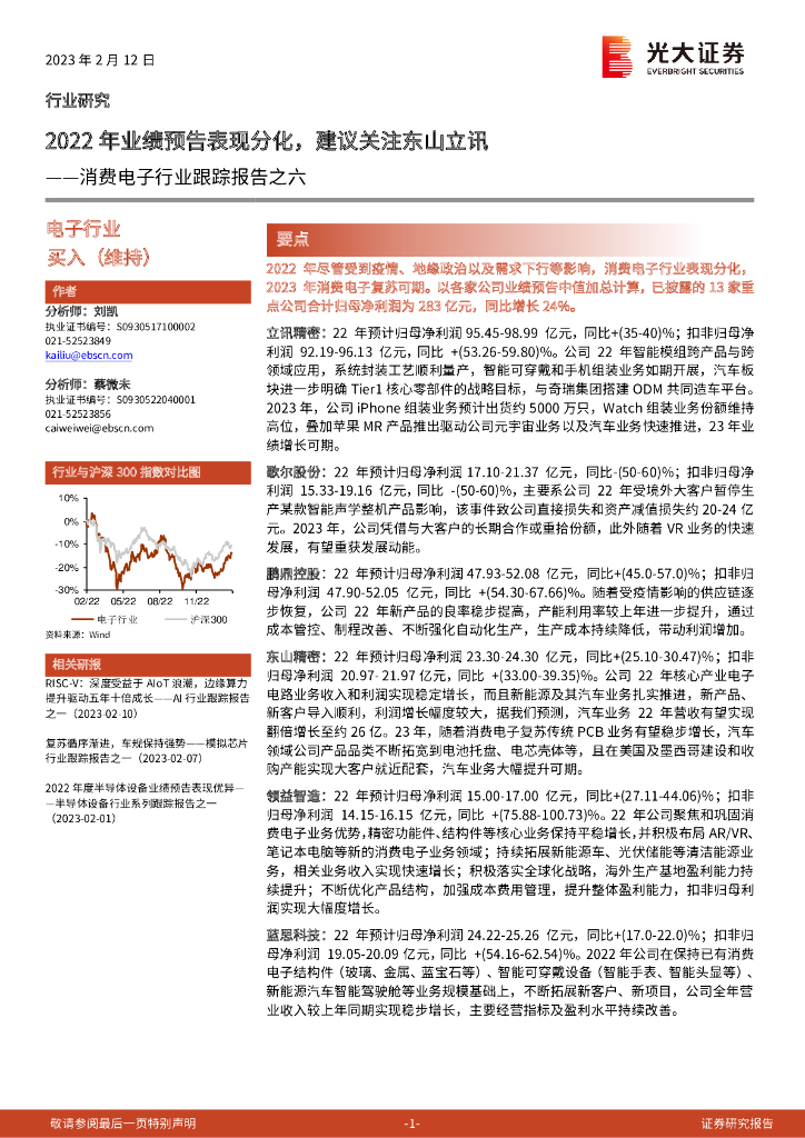 光大证券：消费电子行业跟踪报告之六：2022年业绩预告表现分化，建议关注东山立讯
