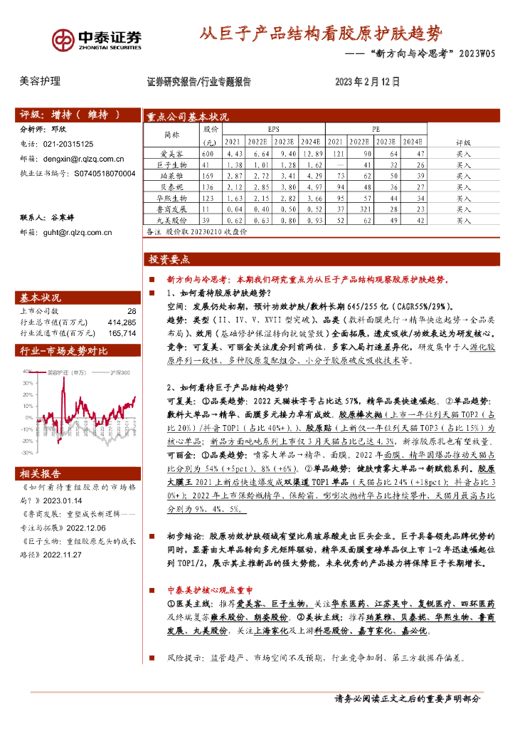 中泰证券：美容护理行业专题报告：“新方向与冷思考”2023W05-从巨子产品结构看胶原护肤趋势