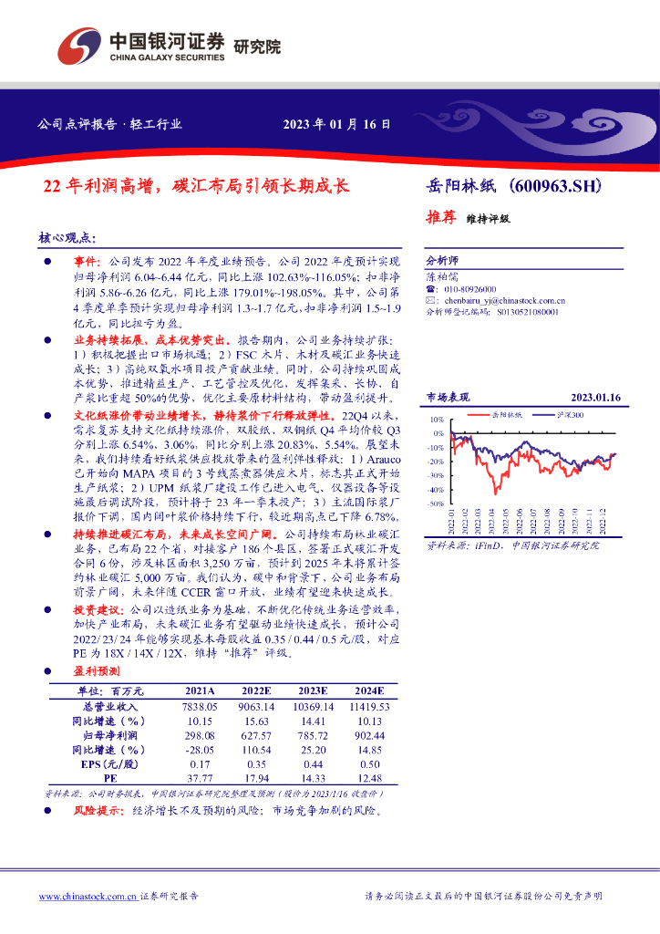 中国银河：岳阳林纸（600963）-22年利润高增，<em>碳</em>汇布局引领长期成长 海报