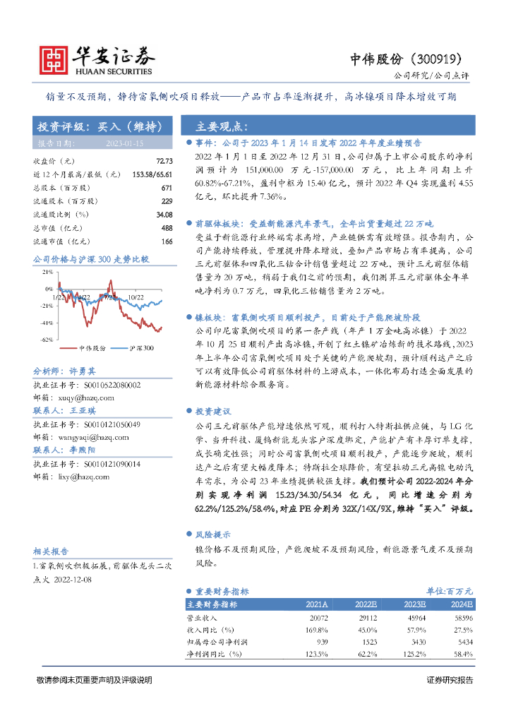 华安证券：中伟股份（300919）-销量不及预期，静待富氧侧吹项目释放——产品市占率逐渐提升，高冰镍项目降本增效可期