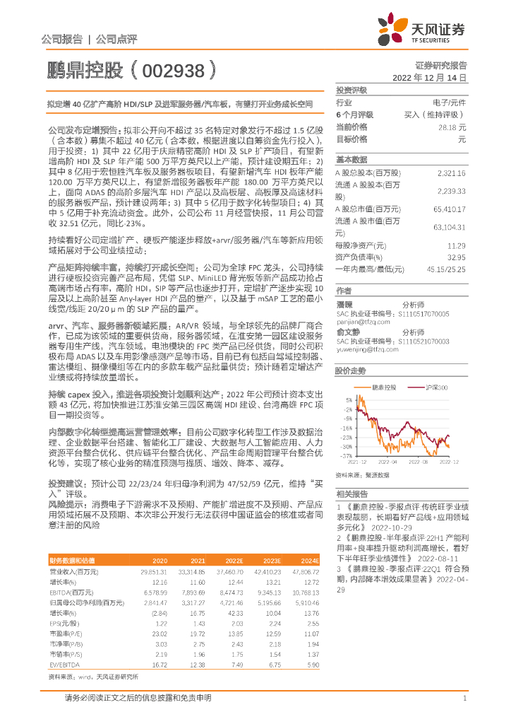 天风证券：鹏鼎控股（002938）-拟定增40亿扩产高阶HDI/SLP及进军服务器/汽车板，有望打开业务成长空间 海报
