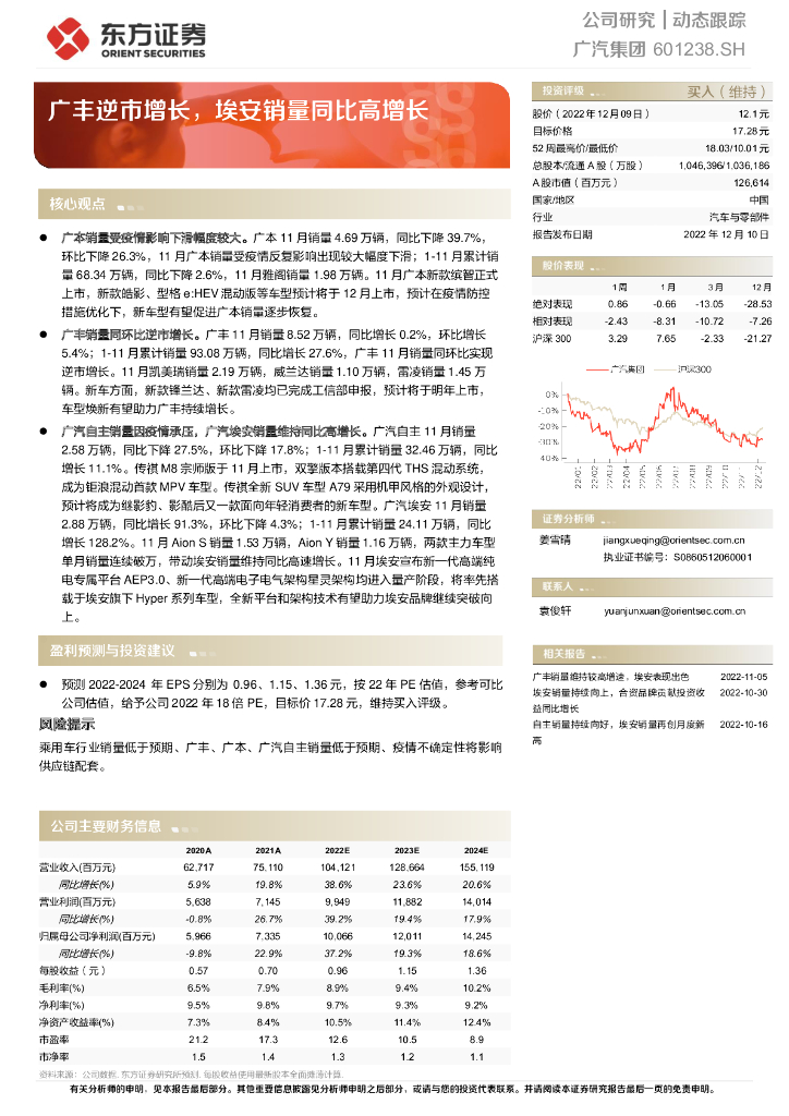 东方证券：广汽集团（601238）-广丰逆市增长，埃安销量同比高增长
