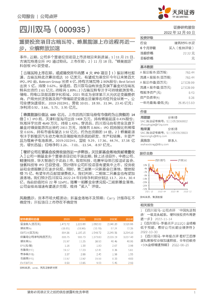 天风证券：四川双马（000935）-重要投资项目古瑞瓦特、蜂巢能源上市进程再进一步，业绩释放加速