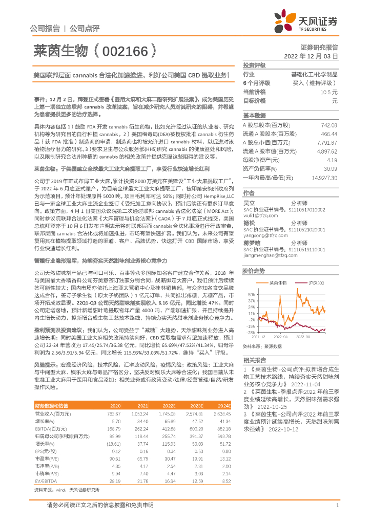 天风证券：莱茵生物（002166）-美国联邦层面cannabis合法化加速推进，利好公司美国CBD提取业务！
