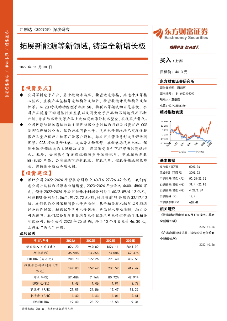 东方财富证券：汇创达（300909）-深度研究：拓展新能源等新领域，铸造全新增长极